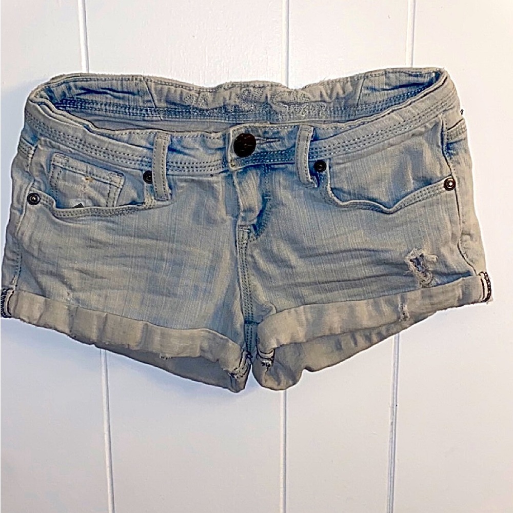 Light blue, jean short shorts.